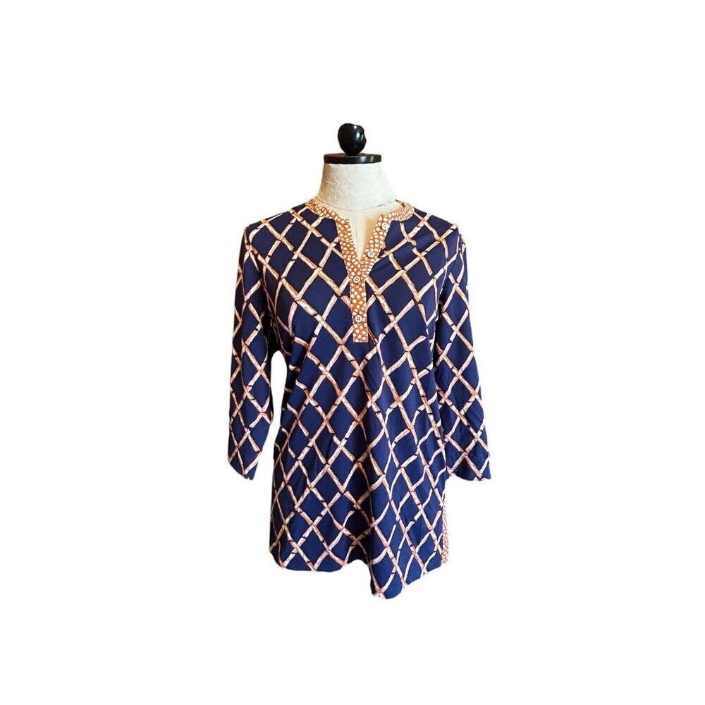 J. Mclaughlin S Button‎ Down Collared Stretch Blouse Polka Dot Orange & Blue